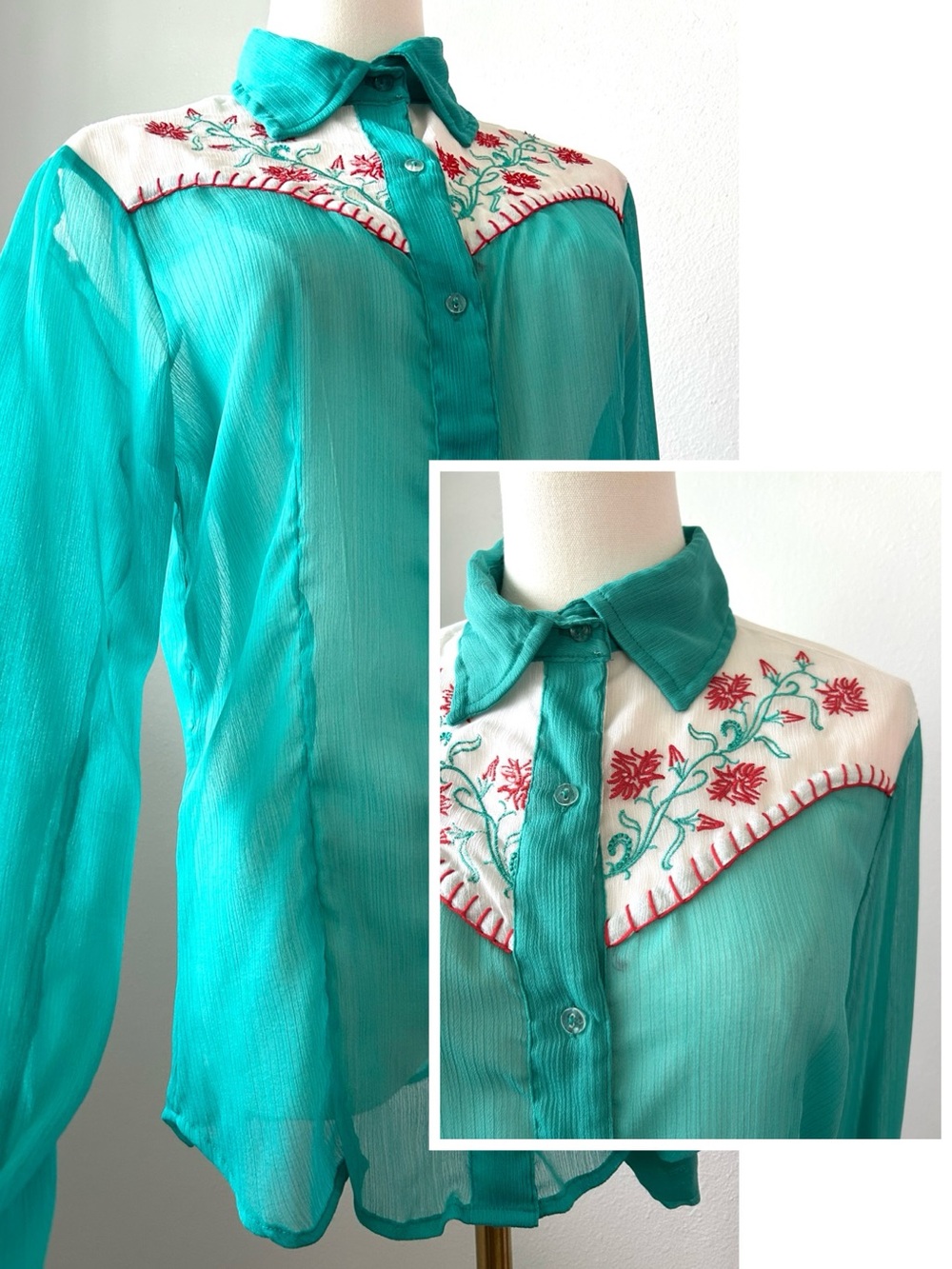 RU Apparel Aqua Embroidered Sheer Western Equestrian Rodeo Shirt Womens S